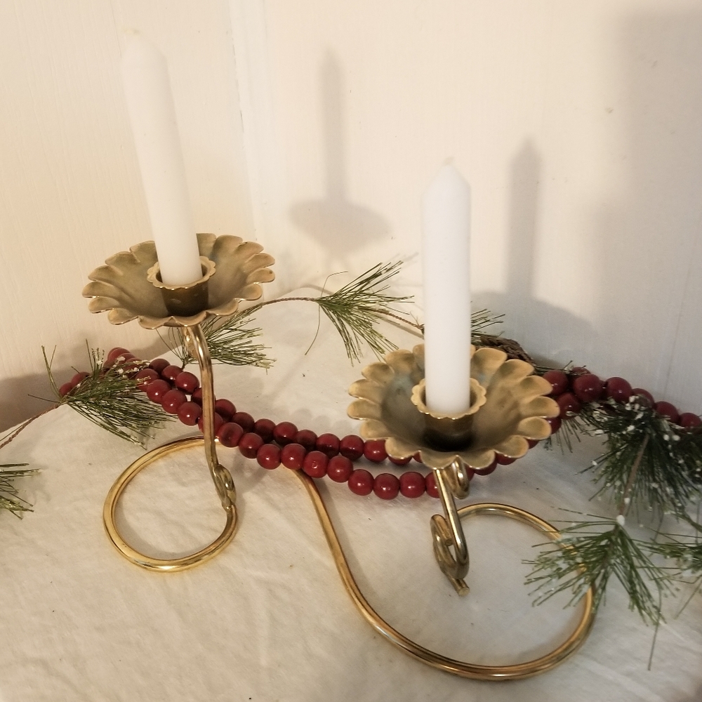 VTG Double Brass Candlestick with Floral Design